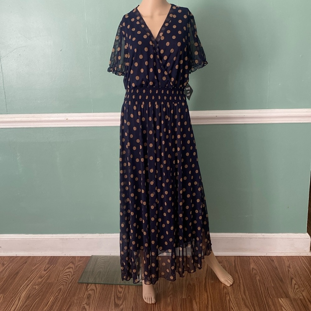 Kate and Lily women maxi dress polka print navy/tan V-neck Sz 14 Wide